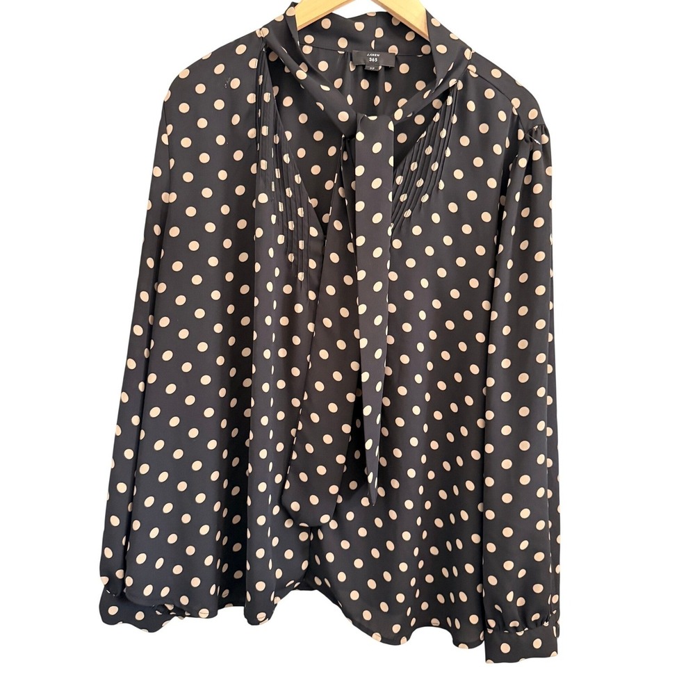 J.Crew 365 Polka Dot Blouse Women 22 Black Tan Tie Neck Pleated Long‎ Sleeve Top